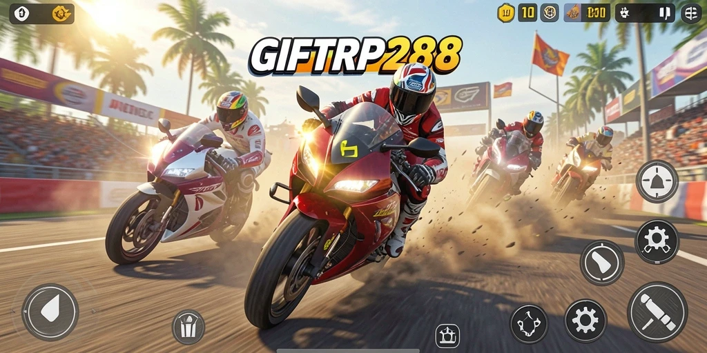 Screenshoot gameplay GIFTRP288 menampilkan aksi balapan motor yang seru.