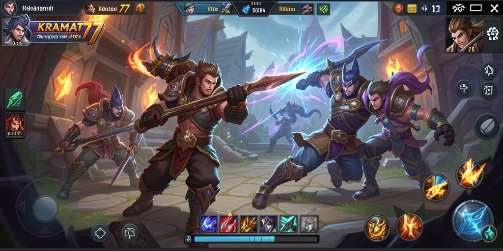 Screenshot utama KRAMAT77 menampilkan aksi intens dalam pertempuran MOBA.