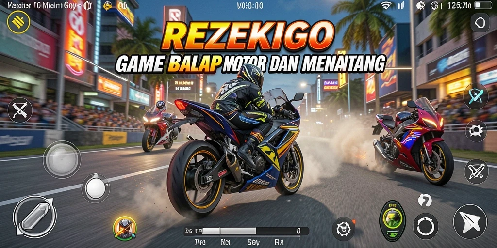 Screenshot gameplay REZEKIGO menampilkan aksi balap motor yang mendebarkan.