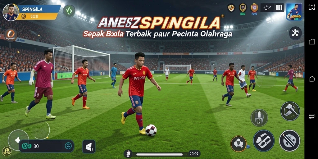 Screenshot SPINGILA menampilkan aksi pertandingan sepak bola yang mendebarkan.