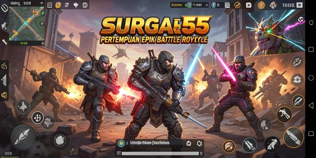 Gameplay SURGA55 yang menegangkan dan mendebarkan di arena Battle Royale.